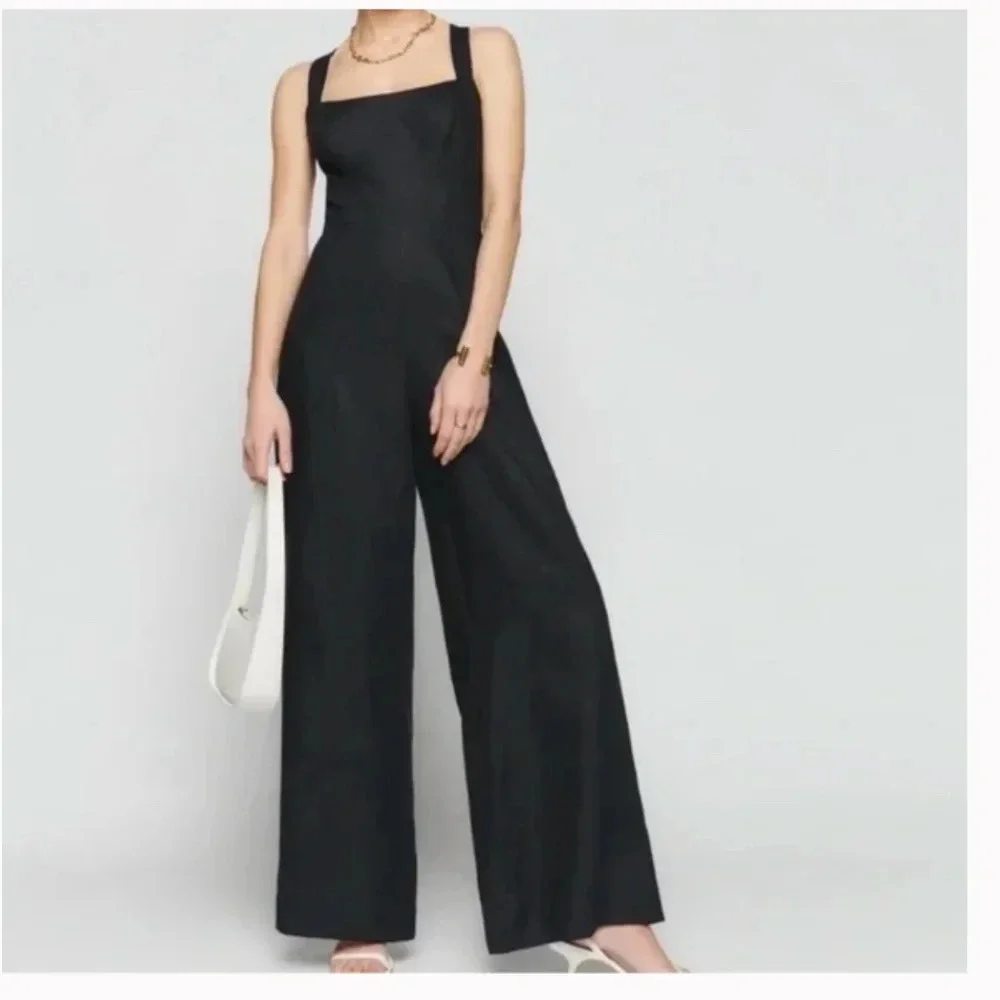Reformation Autumn Linen Black Adjustable Strap Jumpsuit Size 6 EUC